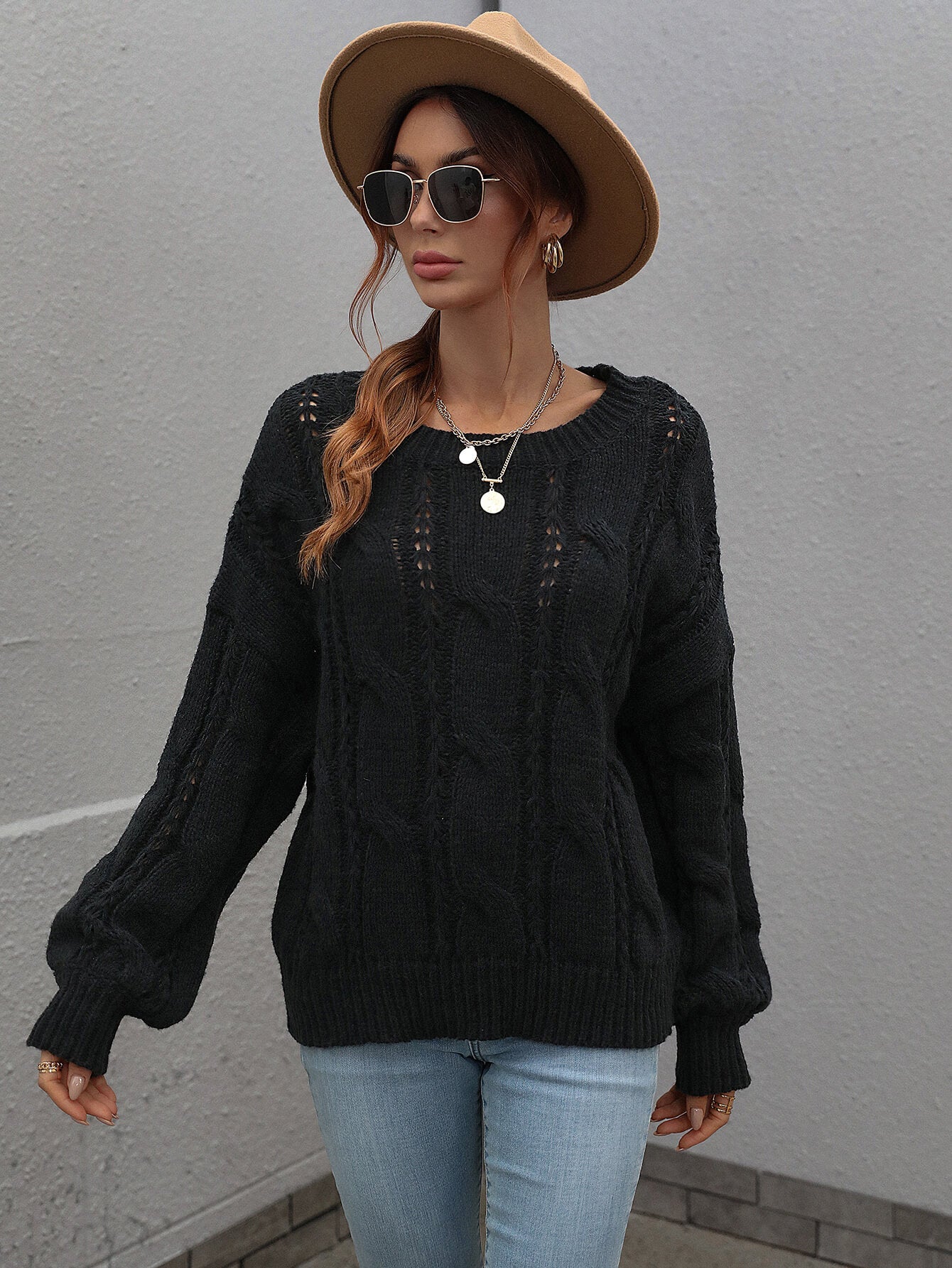 Woven Right Cable-Knit Openwork Round Neck Sweater