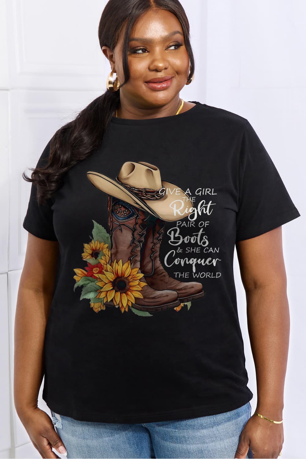 Simply Love Full Size Cowboy Hat & Boots Graphic Cotton Tee