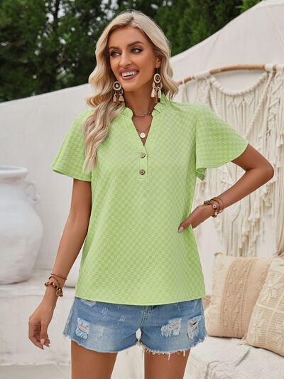 Checkered Notched Flutter Sleeve Blouse