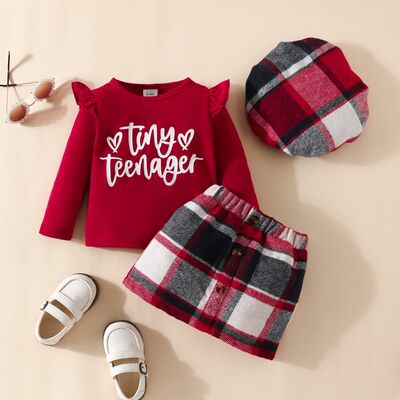 Letter Graphic Ruffle Trim Top and Plaid Skirt